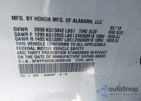 2018 Honda Pilot Ex z USA, uszkodzony, nr VIN 5FNYF6H3XJB028149